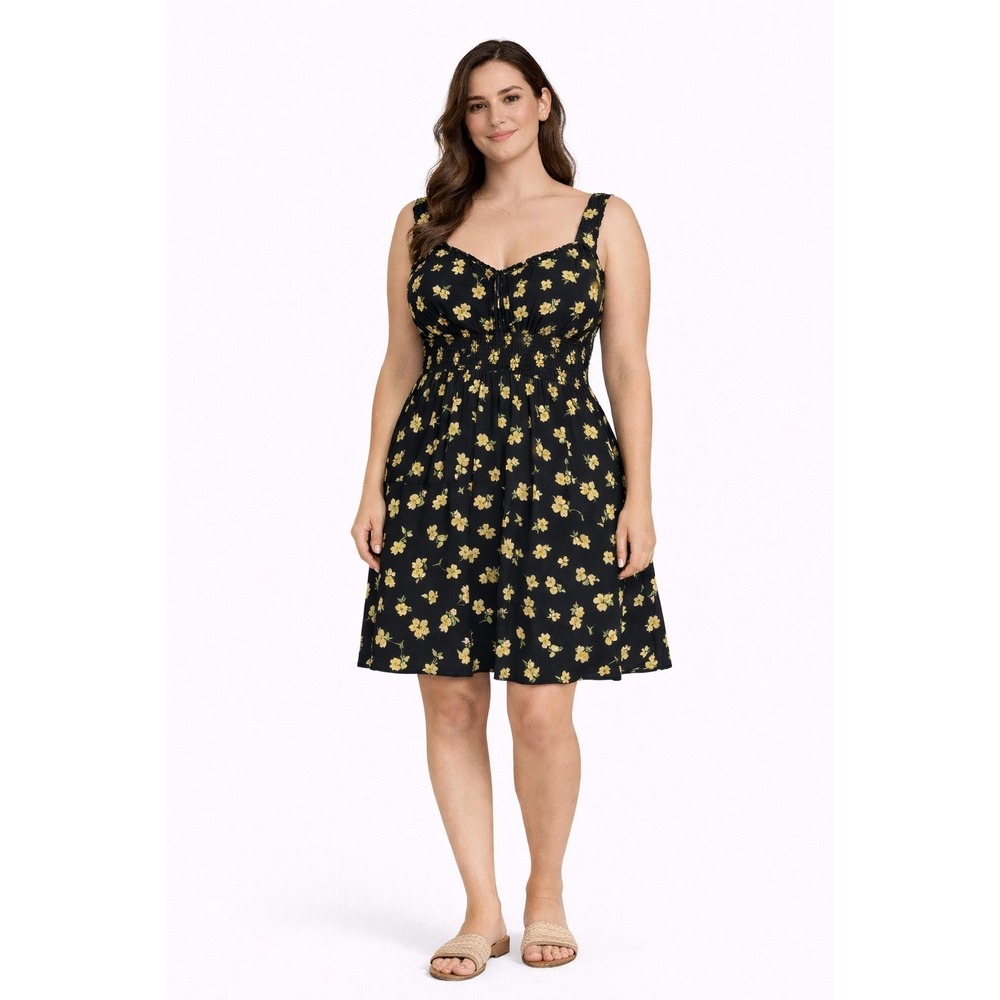 AUW Women's Black Floral Mini Dress Boho Cottage Core Short Sleeve Plus Sz 1X